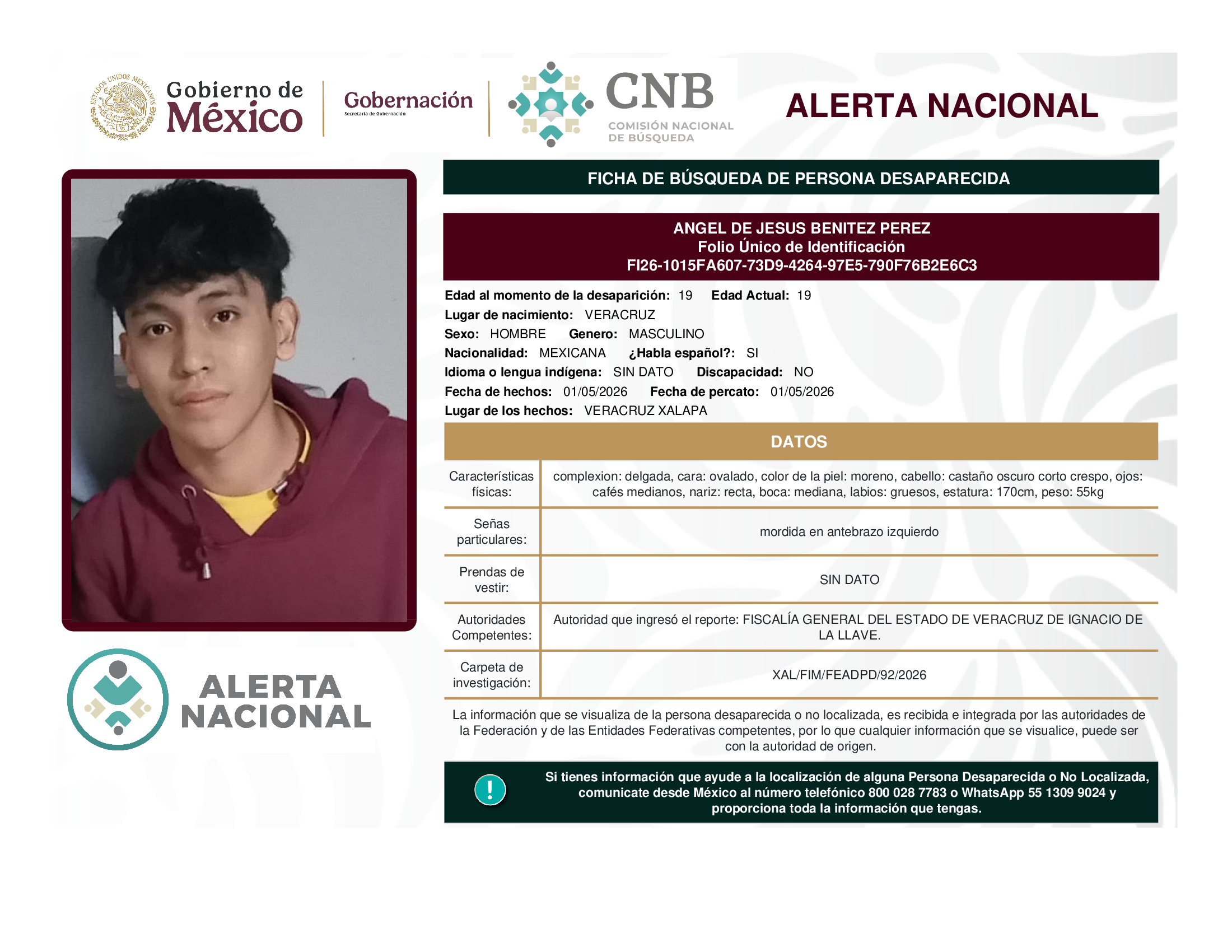 Ficha oficial de busqueda de Angel de Jesus Benitez Perez